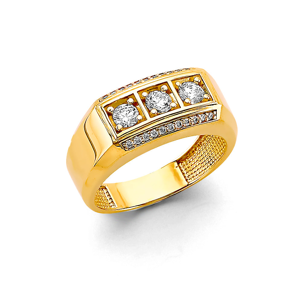 14K Yellow Gold Men’s Ring with Three Cubic Zirconia and Pave Accents