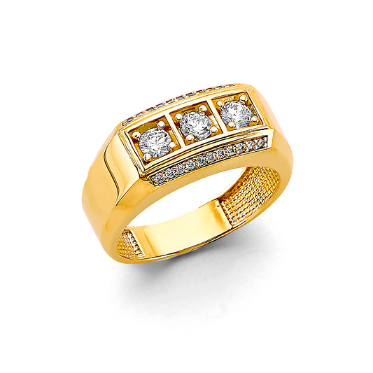 14K Yellow Gold Men’s Ring with Three Cubic Zirconia and Pave Accents