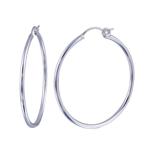 925 Sterling Silver High Polished Hoop Earrings Rounded Hinge 2mm
