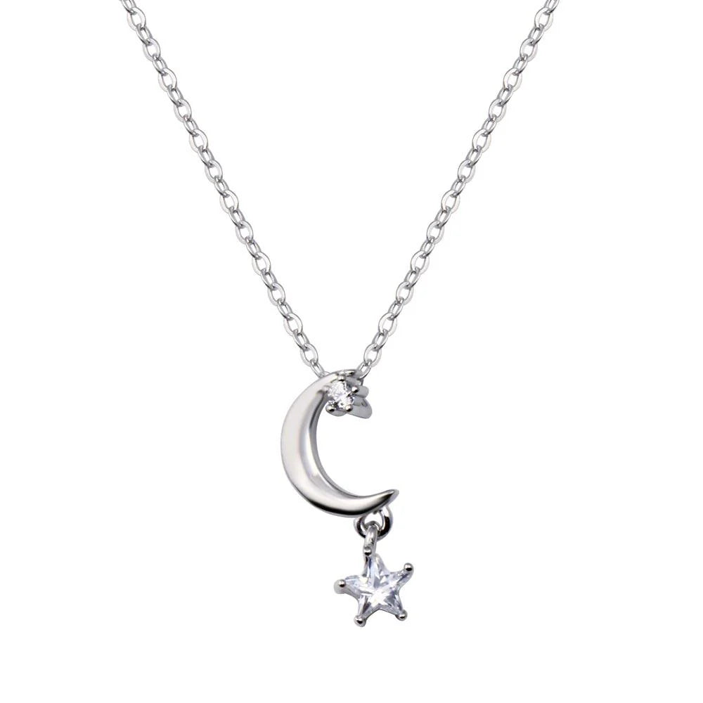 925 Sterling Silver Rhodium Plated Moon and Clear CZ Star Pendant Adjustable Necklace