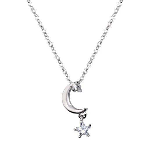 925 Sterling Silver Rhodium Plated Moon and Clear CZ Star Pendant Adjustable Necklace