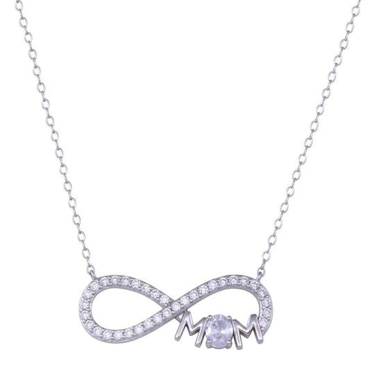 925 Sterling Silver Rhodium Plated Infinity Mom Charm Clear CZ Necklace