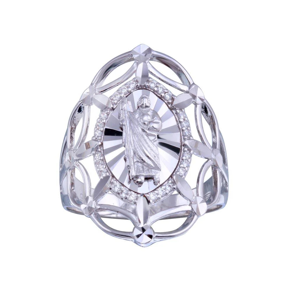 925 Sterling Silver Rhodium Plated Saint Jude CZ Filigree Ring