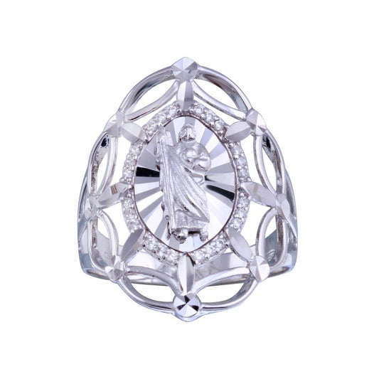 925 Sterling Silver Rhodium Plated Saint Jude CZ Filigree Ring