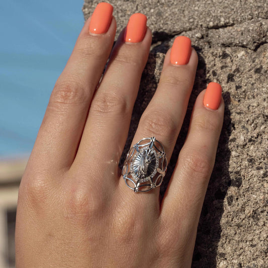 925 Sterling Silver Rhodium Plated Saint Jude CZ Filigree Ring