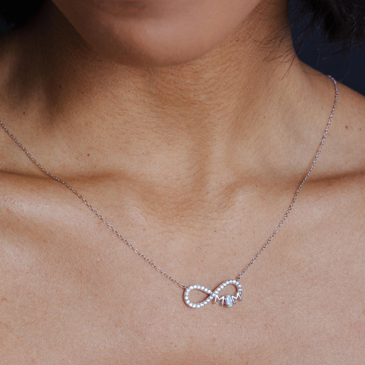 925 Sterling Silver Rhodium Plated Infinity Mom Charm Clear CZ Necklace