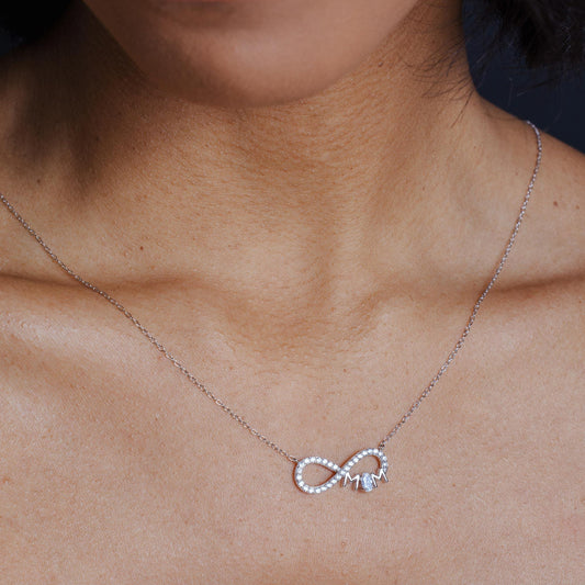925 Sterling Silver Rhodium Plated Infinity Mom Charm Clear CZ Necklace