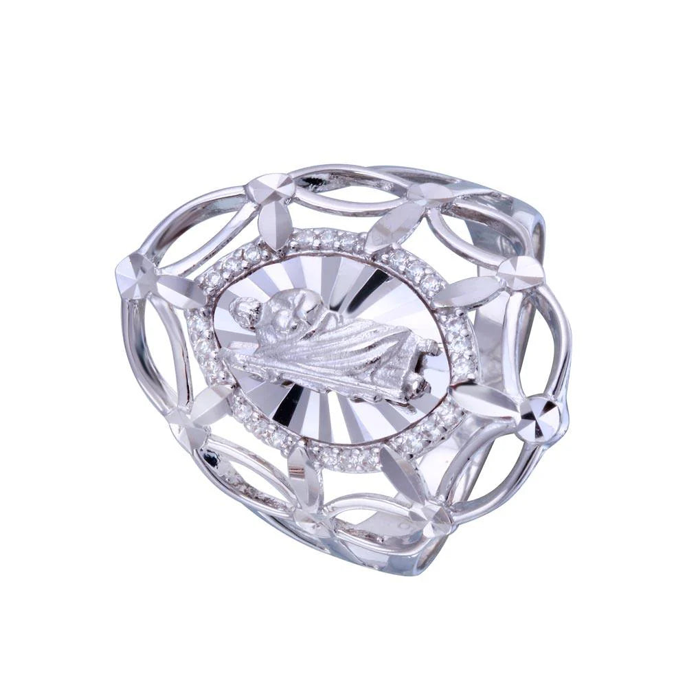 925 Sterling Silver Rhodium Plated Saint Jude CZ Filigree Ring