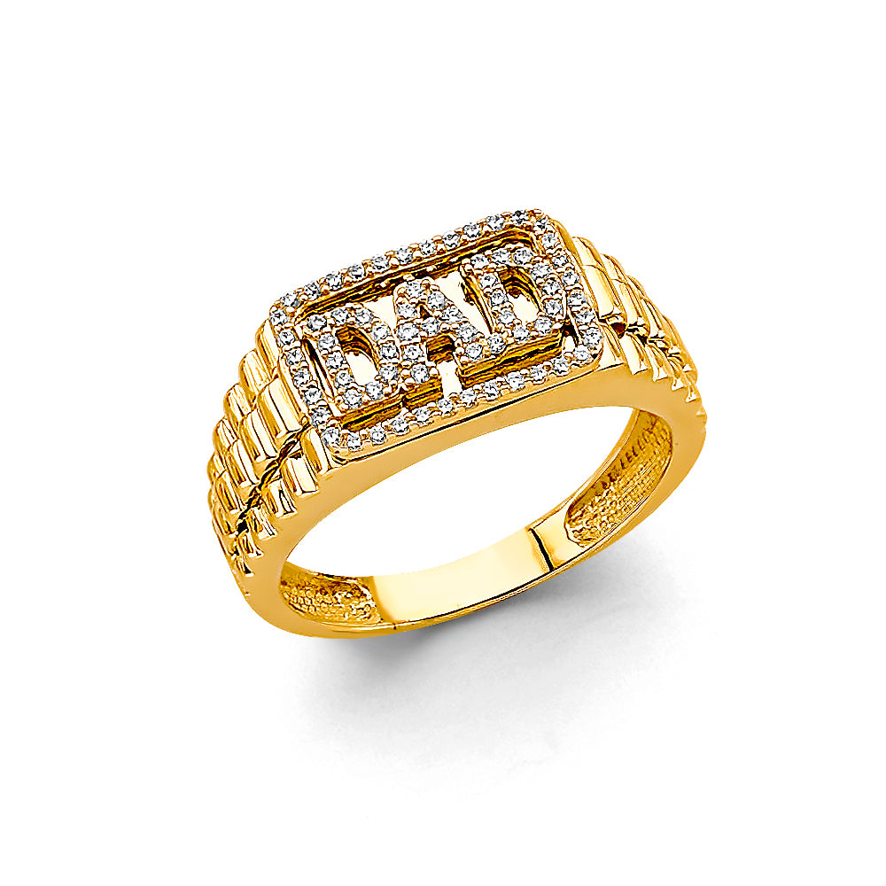 14K Yellow Gold Men's "DAD" Ring with Cubic Zirconia Accents
