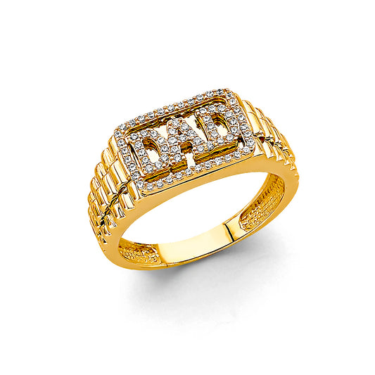 14K Yellow Gold Men's "DAD" Ring with Cubic Zirconia Accents
