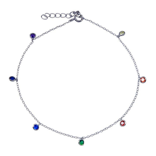 925 Sterling Silver Rhodium Plated Multi Color CZ Dangling Anklet