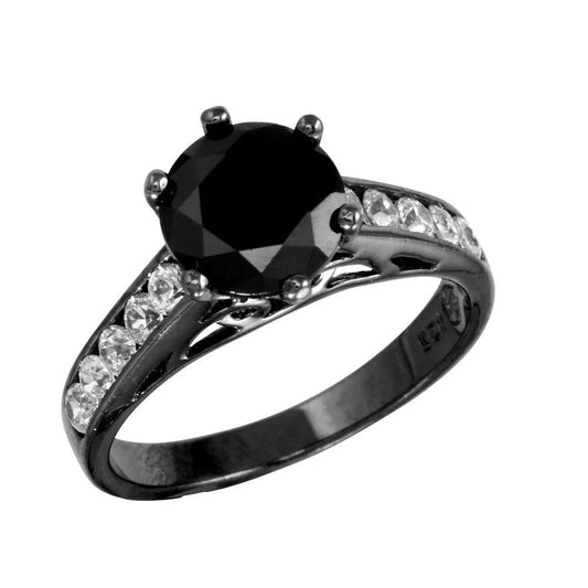 925 Sterling Silver Black Rhodium Plated CZ Shank Black CZ Center Stone Ring