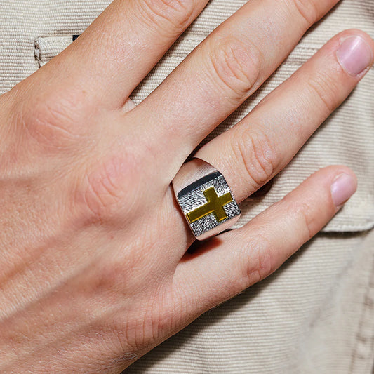 925 Sterling Silver Two-Tone Men's Cross Ring