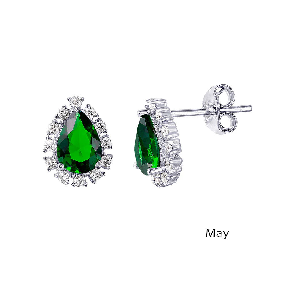 925 Sterling Silver Rhodium Plated Teardrop Halo CZ Birthstone Earrings
