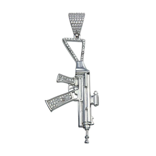 925 Sterling Silver Rhodium Plated CZ Gun Hip Hop Pendant