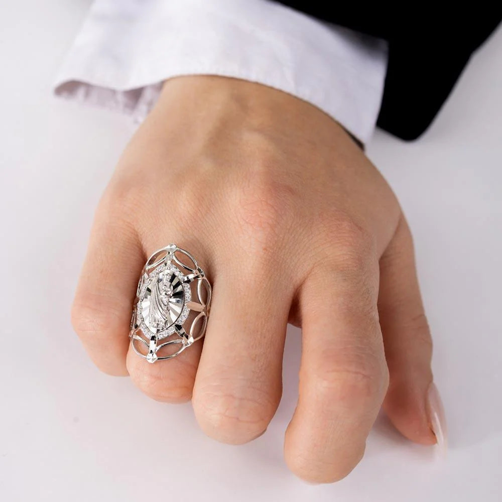 925 Sterling Silver Rhodium Plated Saint Jude CZ Filigree Ring