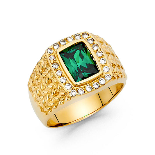 14K Yellow Gold Men's Ring with Synthetic Emerald-Cut Green Stone and Cubic Zirconia