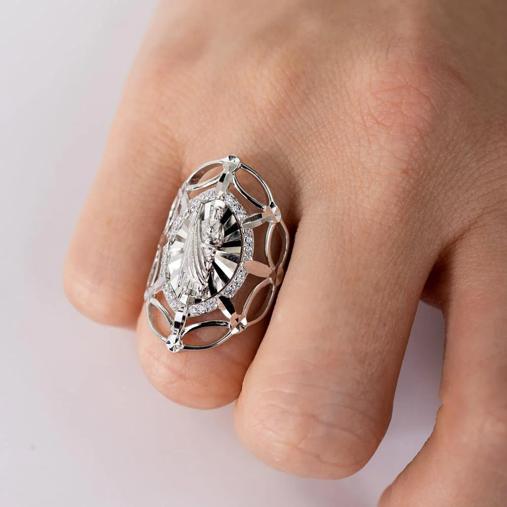 925 Sterling Silver Rhodium Plated Saint Jude CZ Filigree Ring