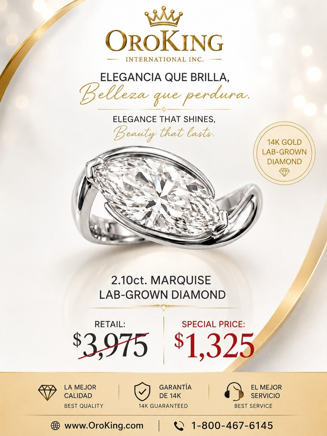Women's 14K White Gold/ Yellow Gold Certified Lab-Grown Diamond Marquise Curved Ring 2.10ct. Center Stone