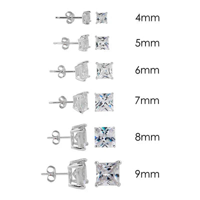 925 Sterling Silver Rhodium Plated Square Basket Clear CZ Stud Earring