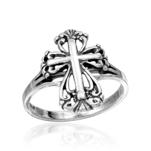 925 Sterling Silver Rhodium Plated Cross Ring