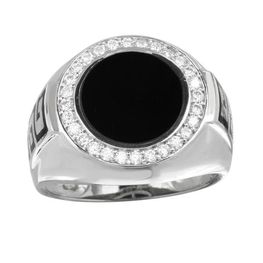 925 Sterling Silver Rhodium Plated Men's Round Flat Round Onyx Ring with CZ