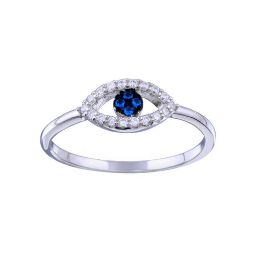 925 Sterling Silver Rhodium Plated Blue and Clear CZ Evil Eye Ring