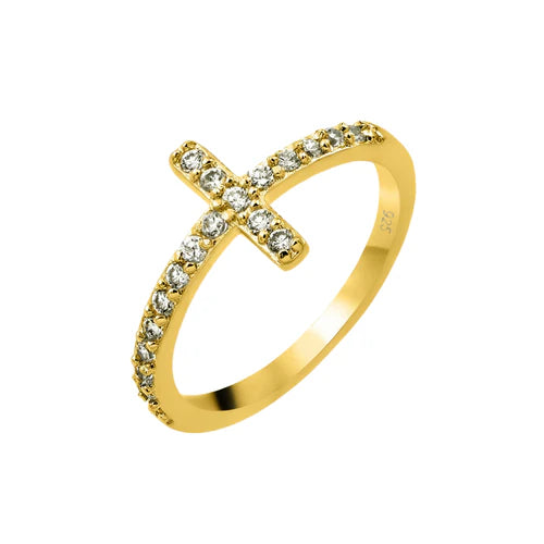 925 Sterling Silver Gold Plated Clear Inlay CZ Cross Ring