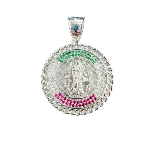 925 Sterling Silver Rhodium Plated Our Lady of Guadalupe Clear Green and Red CZ 29mm Pendant
