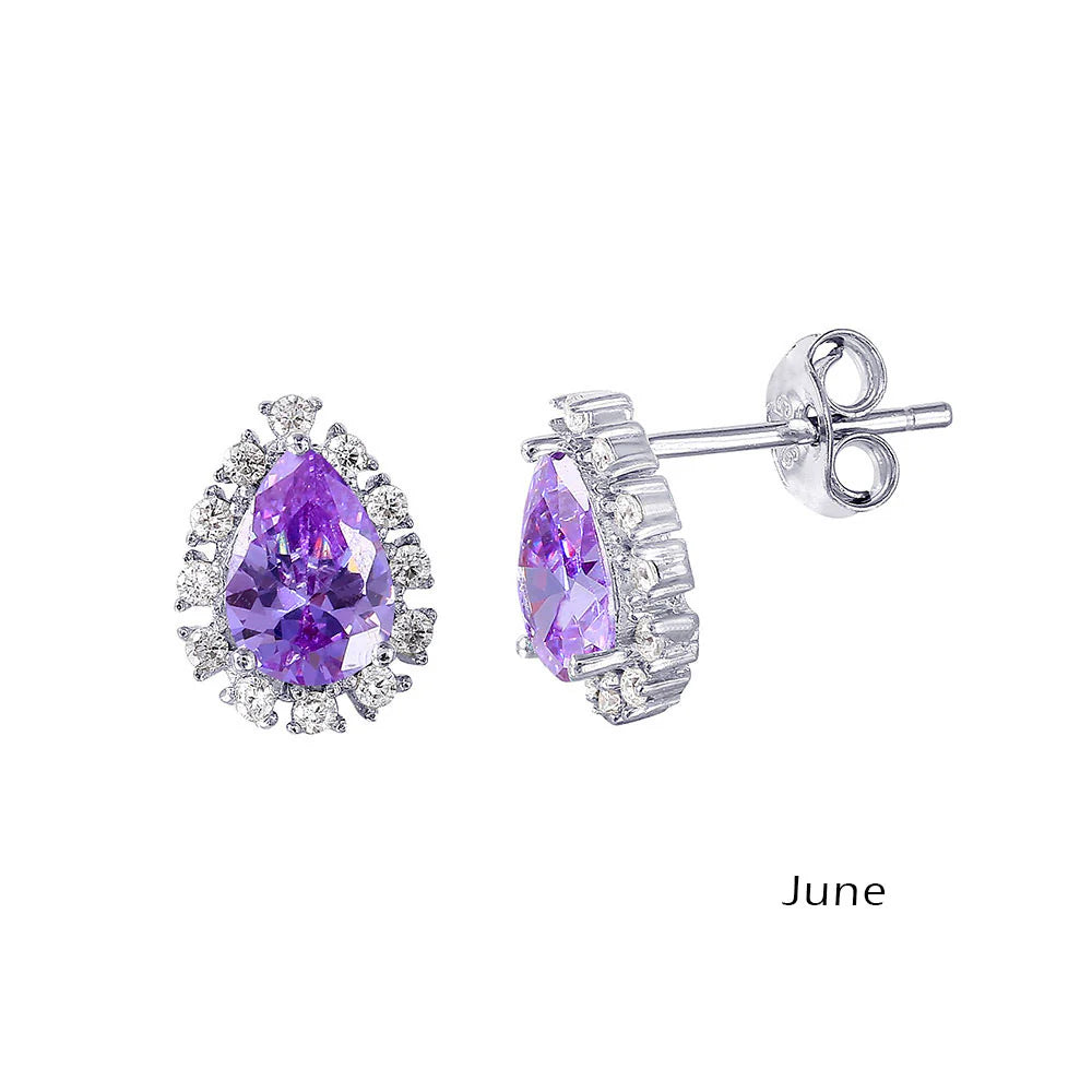 925 Sterling Silver Rhodium Plated Teardrop Halo CZ Birthstone Earrings