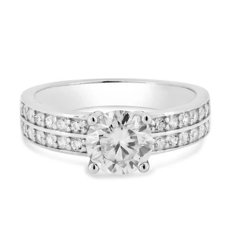 925 Sterling Silver Rhodium Plated Double Row Shank Round Moissanite Stones Ring
