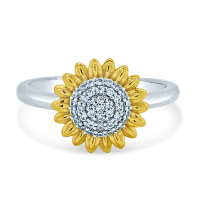925 Sterling Silver Rhodium and Gold Plated Cubic Zirconia Sunflower Ring