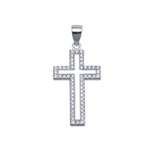 925 Sterling Silver Rhodium Plated CZ Border Small Cross Hip Hop Pendant