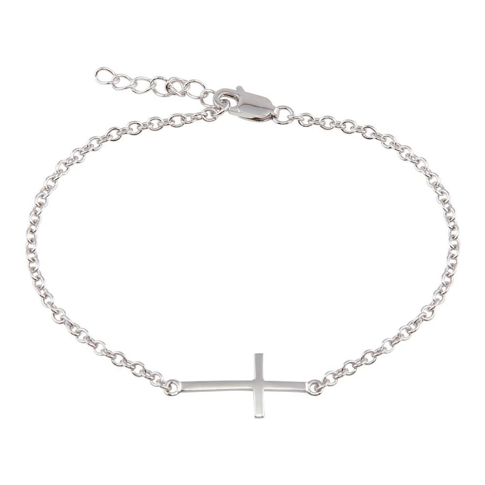925 Sterling Silver Rhodium Plated Sideways Cross Bracelet