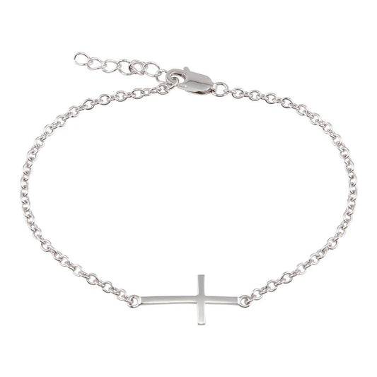925 Sterling Silver Rhodium Plated Sideways Cross Bracelet