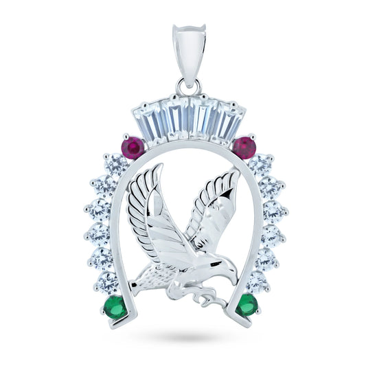 925 Sterling Silver Rhodium Plated CZ Horse Shoe Eagle Center Pendant