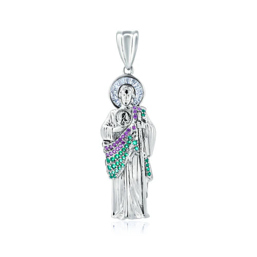 925 Sterling Silver Gold Rhodium Plated Red and Green CZ St Jude Pendant 41mm