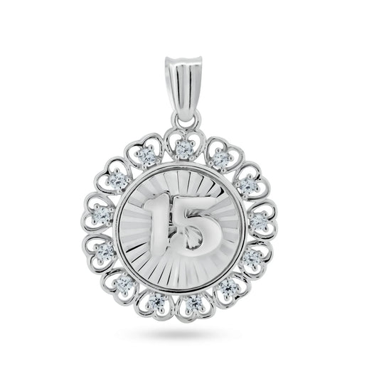 925 Sterling Silver Rhodium Plated CZ Disc Quinceanera Pendant