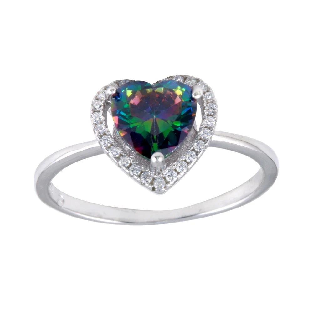 925 Sterling Silver Rhodium Plated Heart Synthetic Mystic Topaz CZ Ring