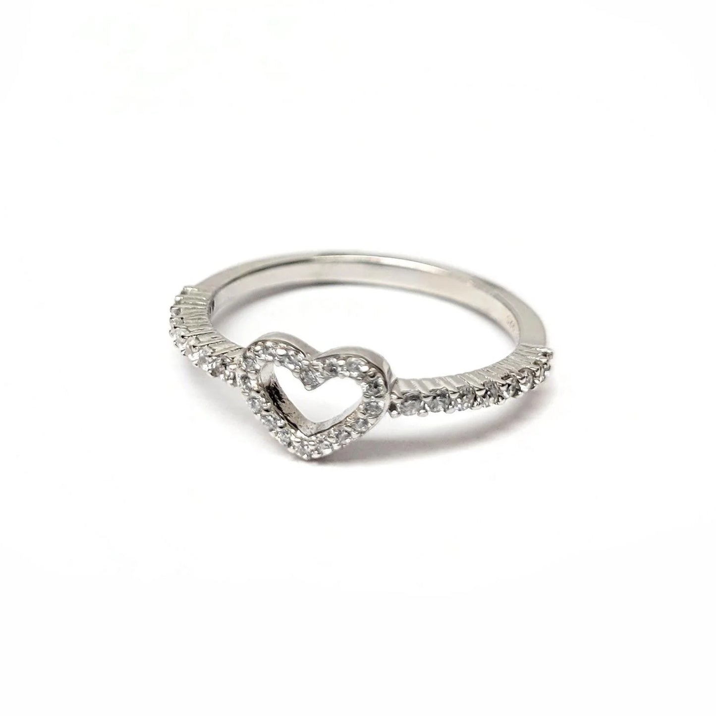 925 Sterling Silver Rhodium Plated Heart Clear CZ Ring