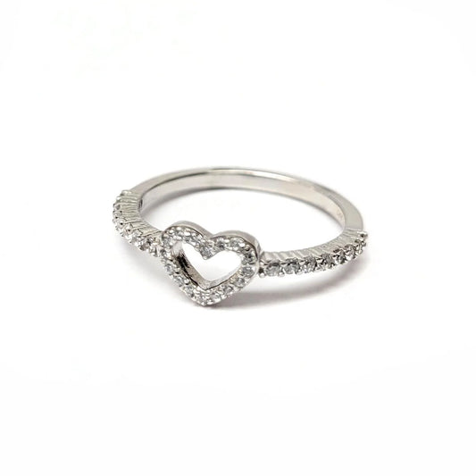925 Sterling Silver Rhodium Plated Heart Clear CZ Ring