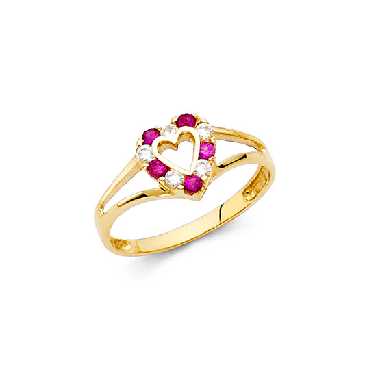 14K Yellow Gold Children’s Heart Design Ring with Synthetic Rubies and Cubic Zirconia