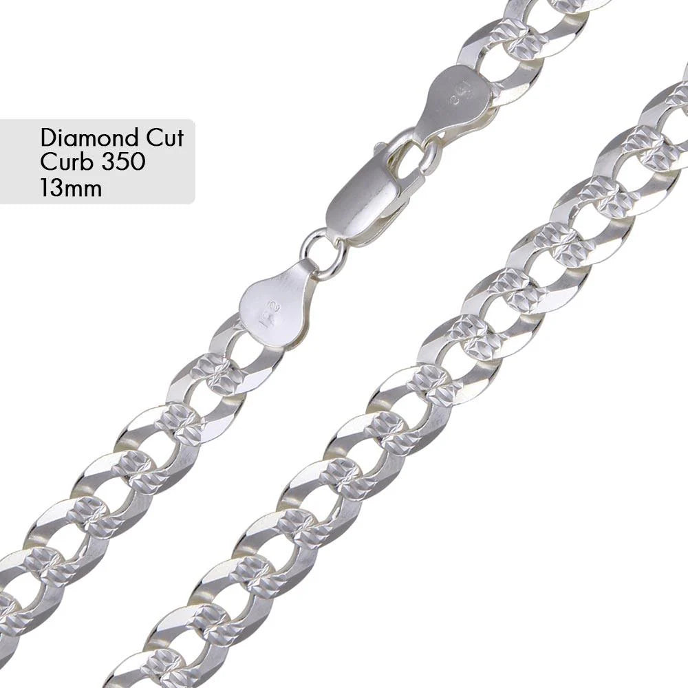 925 Sterling Silver Curb 350 1 Side Diamond Cut 1 Side Plain Chain or Bracelet 13mm