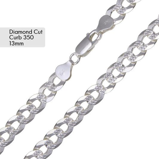925 Sterling Silver Curb 350 1 Side Diamond Cut 1 Side Plain Chain or Bracelet 13mm