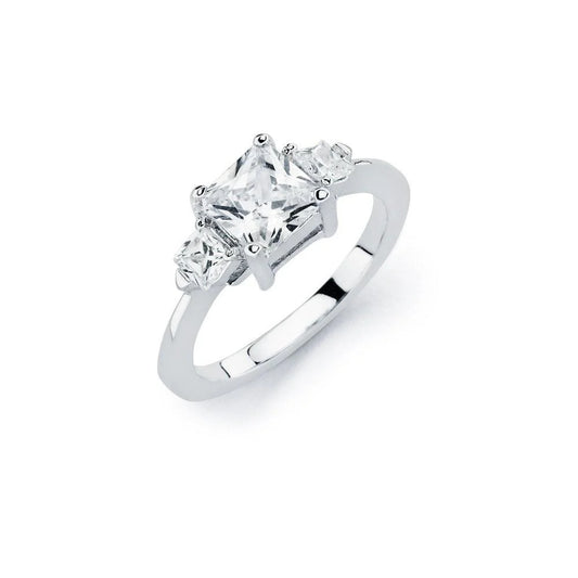 925 Sterling Silver Rhodium Plated Clear Square Center CZ Bridal Ring