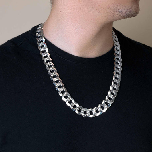 925 Sterling Silver Curb 350 1 Side Diamond Cut 1 Side Plain Chain or Bracelet 13mm