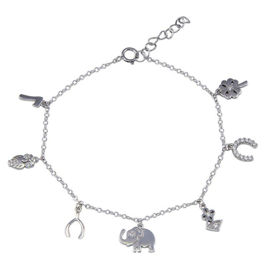 925 Sterling Silver Multi Charm CZ Adjustable Good Luck Bracelet