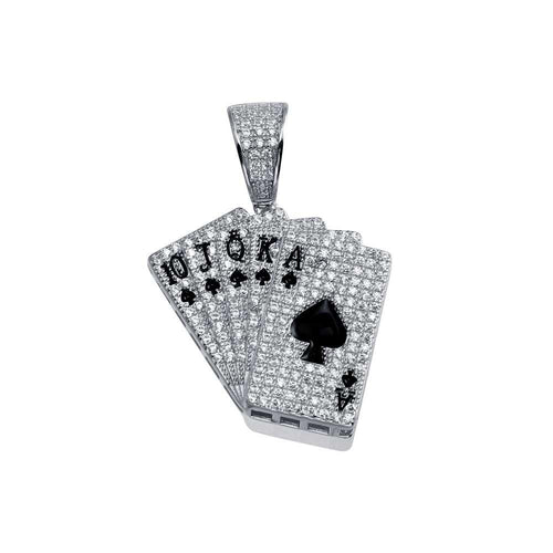 925 Sterling Silver Rhodium Plated CZ Royal Flush Hip Hop Pendant
