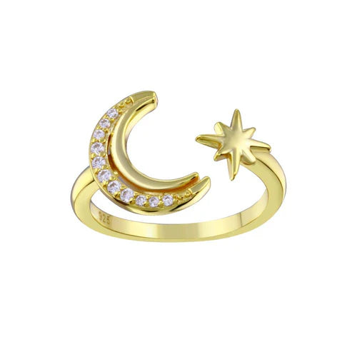925 Sterling Silver Gold Plated Cresent Moon and Star CZ Ring
