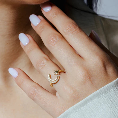 925 Sterling Silver Gold Plated Cresent Moon and Star CZ Ring